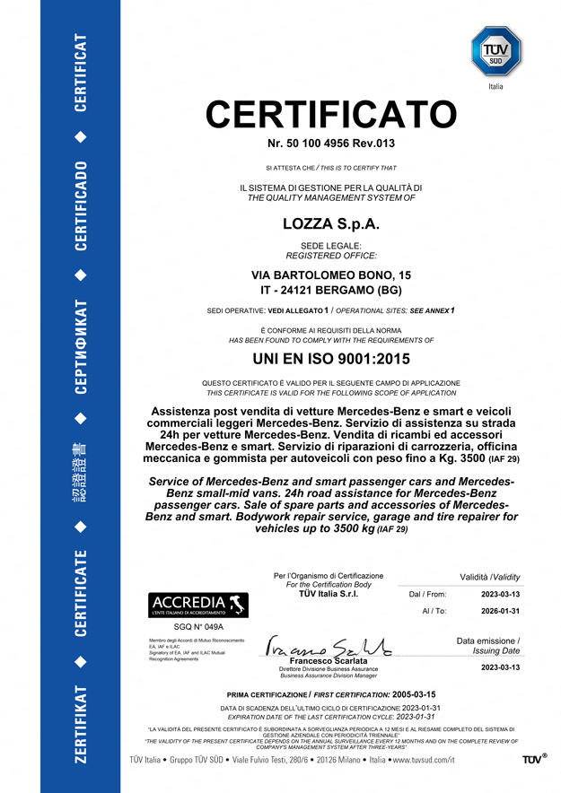 Certificazione di Conformità UNI EN ISO 9001:2015 - LOZZA SpA