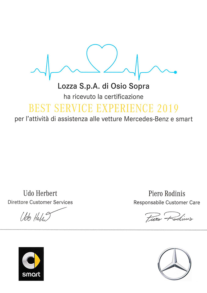 Certificazione di Best Service Experience 2019 Mercedes e Smart - LOZZA SpA